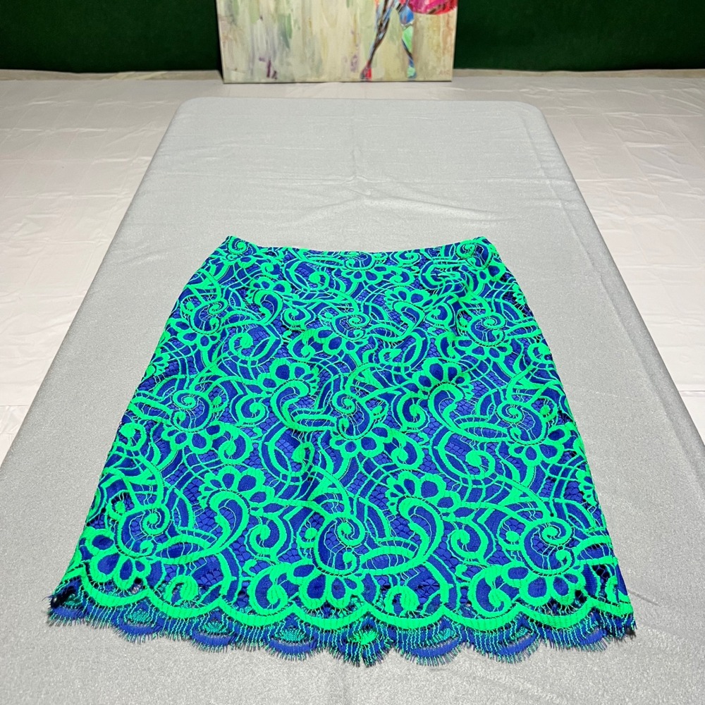 Lilly Pulitzer Green Blue Floral Corded Lace Scalloped Pencil Skirt Size 10